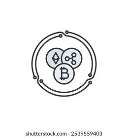 This icon represents digital currency, featuring three interconnected symbols within a circular. It symbolizes the integration of blockchain technology and financial innovation