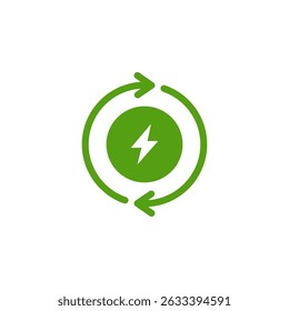 Este ícono representa el reciclaje de energía en un contexto ecológico, con una paleta verde animada y flechas que simbolizan la sostenibilidad, el cuidado y la responsabilidad para nuestros futuros planetas