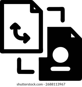 Este ícone representa a transferência de arquivos, mostrando dois documentos com uma seta indicando o intercâmbio de dados. Ele simboliza o compartilhamento de informações digitais e a conectividade.