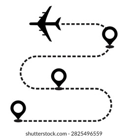 This icon represents a flight path consisting of a dashed line traversed by the silhouette of a black airplane.