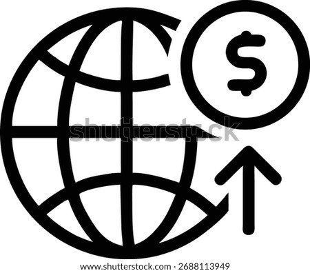 This icon represents global finance and international trade. It features a globe, a dollar sign, and an arrow pointing upwards, symbolizing economic growth and investment.