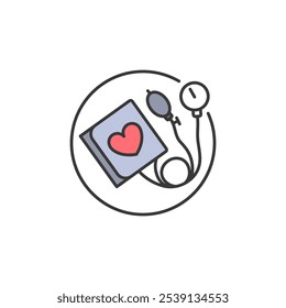 Este ícone representa um dispositivo médico para medir a pressão arterial. Possui um manguito com um símbolo de coração, uma lâmpada de inflação e um medidor, enfatizando sua importância no sistema de saúde.