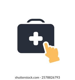 This icon represents ondemand medical assistance, featuring a first aid kit and a pointing hand, highlighting the importance of prompt and accessible healthcare services for those in need