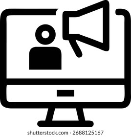 Este icono representa el marketing online. Muestra a una persona y un megáfono en la pantalla de una computadora, simbolizando la publicidad digital y la comunicación con un público objetivo.