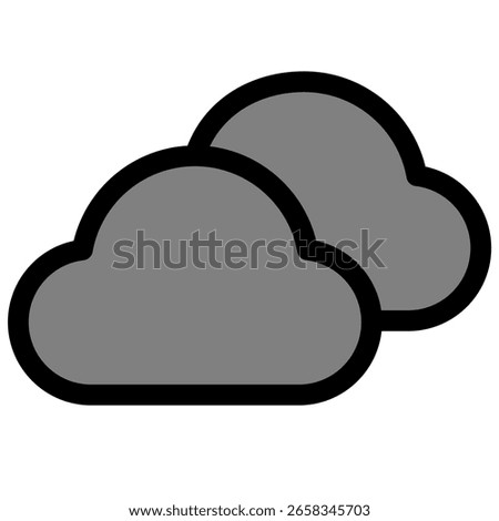 This icon represents overcast weather, featuring two rounded gray clouds with a black outline, ideal for weather forecasts and meteorological applications.