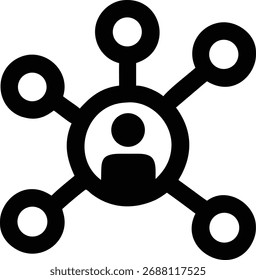 Dieses Symbol stellt eine Person dar, die mit einem Netzwerk verbunden ist und Kommunikation, soziale Medien und Online-Konnektivität symbolisiert. Er ist einzeln auf weißem Hintergrund.