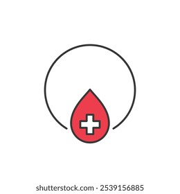 Este ícono representa una gota de sangre roja, que simboliza la donación de sangre, las pruebas médicas o los servicios de farmacia. Con una cruz médica blanca en el interior, sugiere salud y bienestar. 