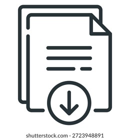 Este icono representa la Descarga de recursos o el acceso a documentos. Cuenta con una pila de documentos con una flecha clara que apunta hacia abajo en un círculo, que simboliza la capacidad de Descarga de archivos, exportar informes de datos o acceder a recursos digitales compartidos desde una plataforma.