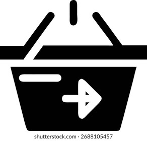 Este ícono representa una cesta de la compra con una flecha, que simboliza el proceso de agregar artículos a un Carrito para compras en línea y transacciones de comercio electrónico.