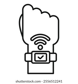 This icon represents a smartwatch with wifi connection and a checkmark on the screen, worn on a hand