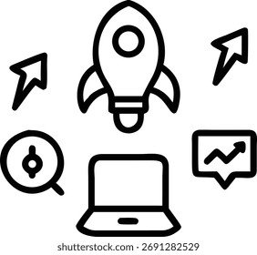 This icon represents a startup business concept. It includes a laptop, rocket, arrows, magnifier, dollar sign, speech bubble, and chart. Isolated on white background.