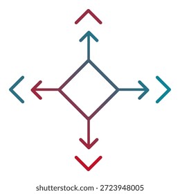 Este icono representa Expansión estratégica, escalabilidad o crecimiento multidireccional. Presenta una forma de diamante central con flechas que apuntan hacia afuera en cuatro direcciones, simbolizando un negocio o sistema que se está expandiendo con éxito en nuevos mercados, diversificando sus servicios o escalando su infraestructura a nivel mundial.