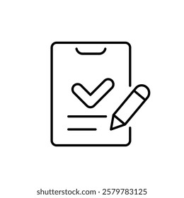 This icon represents a survey checklist, symbolizing assessment and data collection, with a pencil for notetaking, making it ideal for documentation and planning of tasks and projects