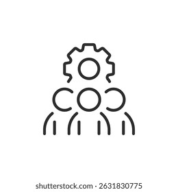 This icon represents teamwork and collaboration, with individuals working together and a gear symbolizing collective effort and management, emphasizing unity for success in projects
