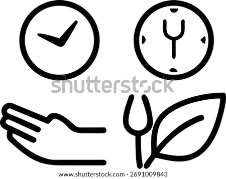 This icon represents time management, featuring a clock, a hand, a fork, and a leaf. It symbolizes scheduling, prioritizing, and balancing tasks for efficiency.