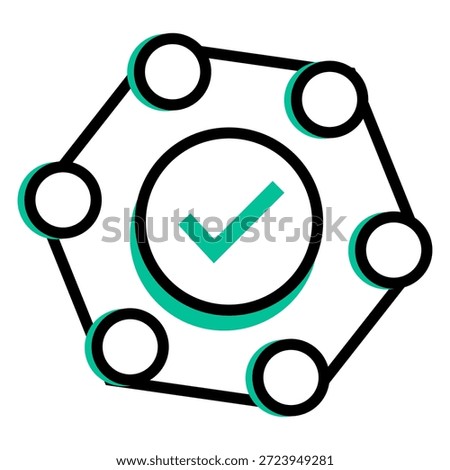 This icon represents a Verified Network or Compliance Completion. It features a hexagonal structure of connected nodes with a large green checkmark at its center, symbolizing a fully integrated system that has passed all verification stages or a network that is operating with maximum security and official approval.