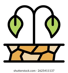 This icon represents a withered plant growing in dry, cracked soil