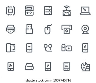 This icon set in bold outline style contains icons like Computer Chip, Mobile Payment and Firewall. These vector icons will look great in any user interface design. Pixel perfect at 64x64.