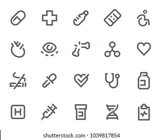 This icon set in bold outline style contains icons like No Smoking, Broken Bone and Hospital. These vector icons will look great in any user interface design. Pixel perfect at 64x64.