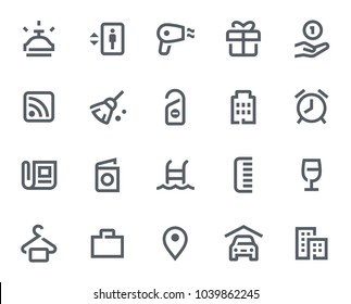 This icon set in bold outline style contains icons like Alarm Clock, Laundry and Hotel. These vector icons will look great in any user interface design. Pixel perfect at 64x64.