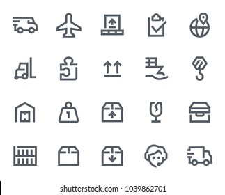 This icon set in bold outline style contains icons like Freight, Warehouse and Speed Delivery. These vector icons will look great in any user interface design. Pixel perfect at 64x64.