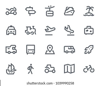 This icon set in bold outline style contains icons like Cruise Ship, Palm Tree and Airplane. These vector icons will look great in any user interface design. Pixel perfect at 64x64.