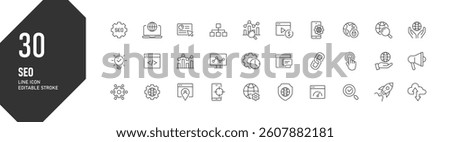 This icon set contains symbols about SEO and Online Marketing. It consists of 30 different designs, all of which are related to internet optimization, social media, data analysis, target setting, etc.