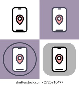 Este conjunto de iconos muestra un teléfono inteligente que muestra un pin de ubicación, ideal para aplicaciones de navegación móvil, GPS y mapeo. Se incluyen varios estilos para diversas necesidades de diseño.