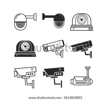 This icon set depicts various styles of cctv and security or surveillance cameras.