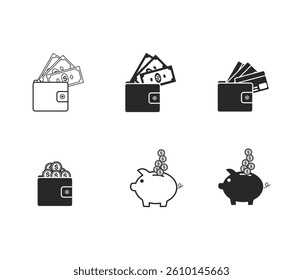 This icon set depicts wallets containing cash, cards, and coins, along with piggy banks receiving coins, representing personal finance and money management.