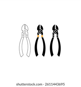 This icon set displays cutting pliers in three styles: outline, flat color, and solid black. Perfect for use in UI design, infographics, maintenance illustrations, and tool-related content