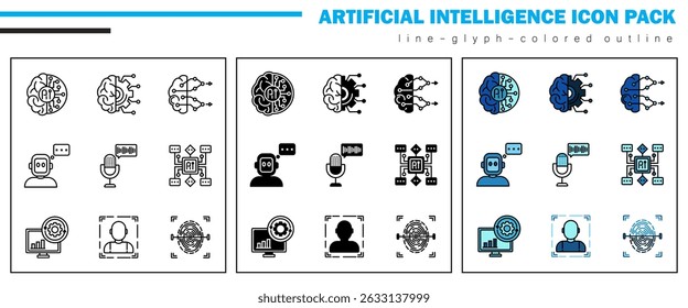 Este conjunto de ícones explora inovações de IA como algoritmos, chips neurais, sistemas de nuvem, música, drones, ferramentas de marketing e preocupações éticas, impulsionando a automação inteligente em todos os setores.