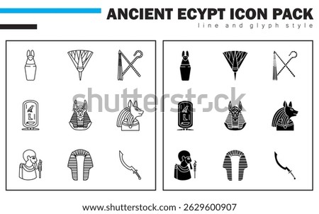This icon set features Canopic Jars, Lotus Flower, Crook and Flail, Cartouche, Anubis, Bastet, Ptah, Nemes Crown, and the Khopesh Sword from ancient Egyptian religion, royalty, and warfare.