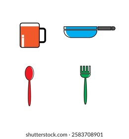 This icon set features four essential kitchen tools, each rendered in a minimalist, line-art style with a focus on bold, contrasting colors