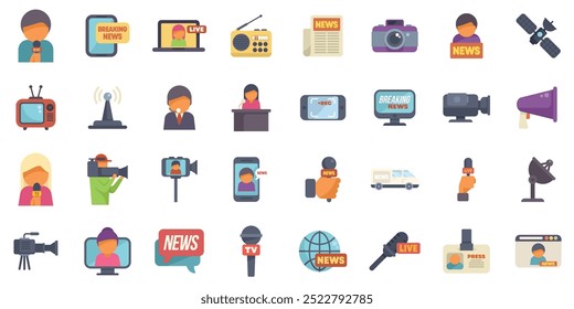 This icon set features journalists reporting breaking news using professional equipment and gadgets