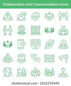 This icon set features line art illustrations symbolizing collaboration, communication, teamwork, global networking, and business meetings, all essential for successful business strategies.