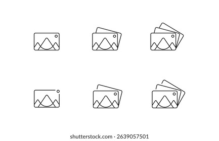 This icon set features a series of photo and image gallery symbols presented in a clean, linear design.