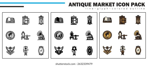 This icon set features timeless pieces like antique book, cabinet, clock, coins, furniture, gramophone, jewelry, lamp, and mirror—each evoking elegance, history, and vintage craftsmanship.
