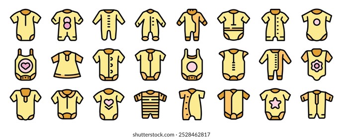 This icon set features a variety of baby clothes, perfect for representing newborns, toddlers, and baby clothing stores