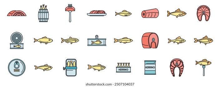 This icon set features various illustrations related to herring fish and seafood products