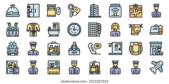 This icon set features various aspects of hotel services, from check in to dining and amenities