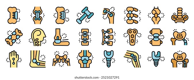 Este conjunto de iconos se centra en la artroplastia, mostrando varios implantes y procedimientos quirúrgicos para diferentes articulaciones en el cuerpo humano