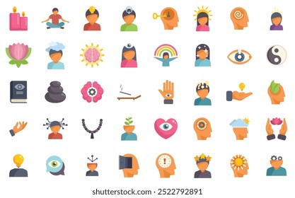 This icon set focuses on concepts such as meditation, mindfulness, mental health, and spiritual growth