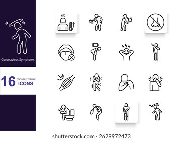 Este conjunto de iconos ilustra 16 síntomas comunes del coronavirus (COVID-19) en un estilo de línea delgada y limpia. Cada icono representa un síntoma físico o neurológico específico, que incluye fiebre, tos, mareos.	