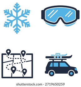 This icon set illustrates a comprehensive winter sports adventure, featuring a snowflake, ski goggles, a route map, and a car with skis. Ideal for planning snowy mountain road trips and coldweather getaways.