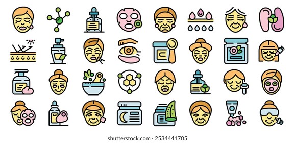 This icon set illustrates the concept of anti aging skincare for mature women, showcasing various products and treatments