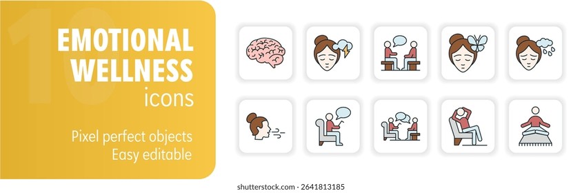 This icon set illustrates the concept of emotional wellness with images of therapy, meditation and mindfulness