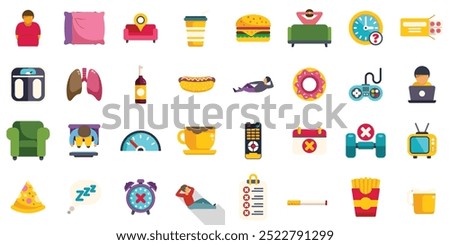 This icon set illustrates the concept of an unhealthy sedentary lifestyle with various symbols representing bad habits