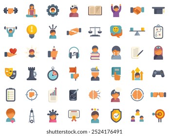 This icon set illustrates different aspects of personal development, featuring icons related to education, sports, arts, and more