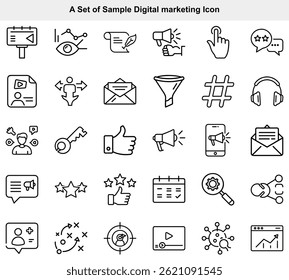 This icon set illustrates various digital marketing aspects through distinct visual elements; it includes concepts such as social engagement, strategic planning, and online communication tools.